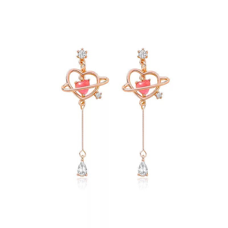 Heart Earrings, Red Heart Threader Earrings, Heart Drop Earrings, Sailor Moon Earrings, Saturn Earrings, Celestial Earrings, Heart Jewelry