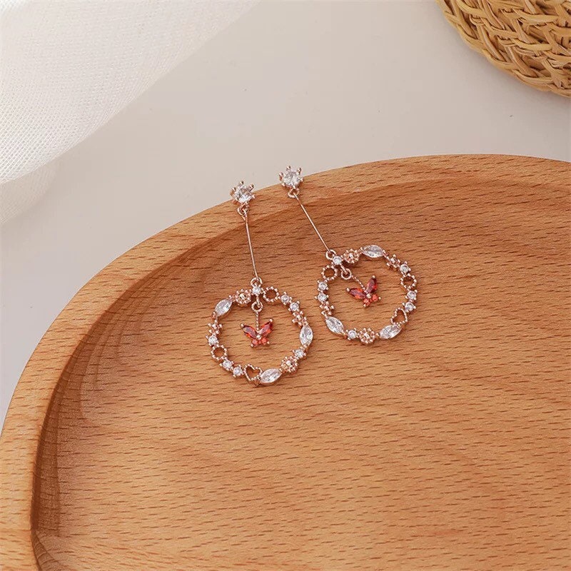 Butterfly Hoop Drop Earrings, Red Butterfly Earring, Butterfly Circle Earring, Dainty Earrings, Minimalist Earrings, Christmas Earrings