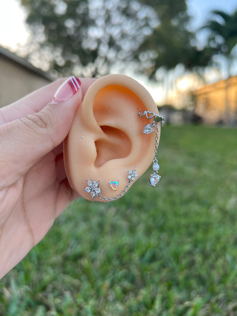 Ear Cuff for non pierced ear, Earrings, space earrings, flower ear cuff,chain ear cuff, dangle earcuff, minimalist ear cuff,Dainty