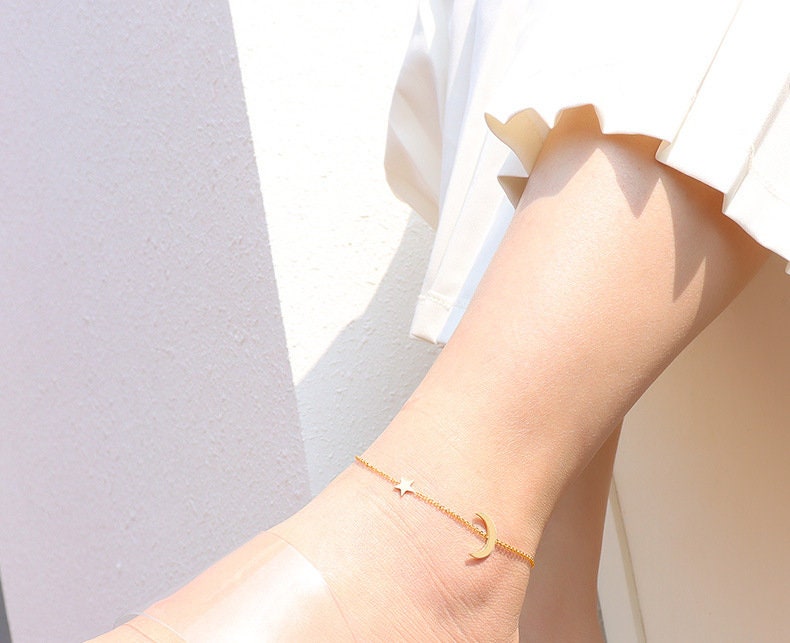 18k Gold Moon and Star Dainty Anklet,Celestial Anklet,Crescent Moon Anklet,Arabic Jewelry,Stainless Steel,Waterproof,Gift for Her