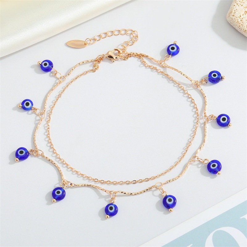 Evil Eye Multilayer Anklet,Turkish Eye Bracelet,Dainty Evil Eye Anklet,Protection Anklet,Blue and Turquoise Evil Eye, Gift for Her