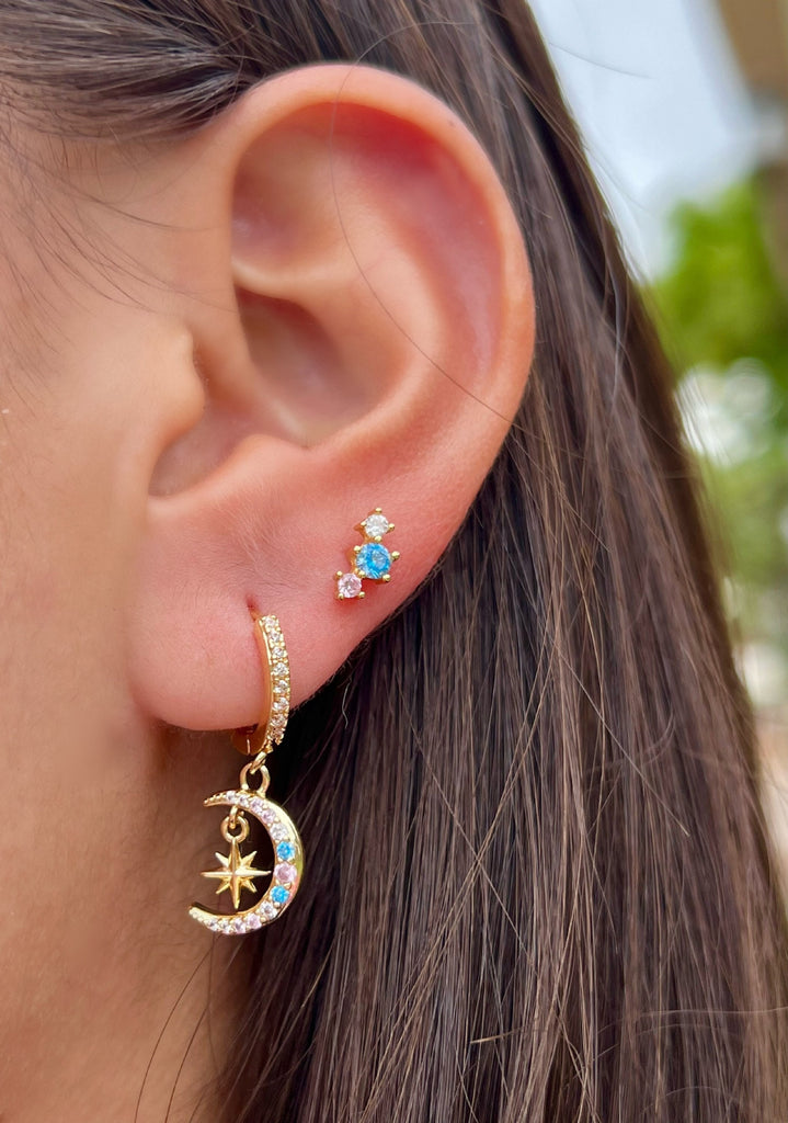 18k Gold Moon and Star Pave Hoops,Moon and Star Earrings,Crescent Earrings,Moon and Star Huggies,Stainles Steel,Waterproof,Gift for her