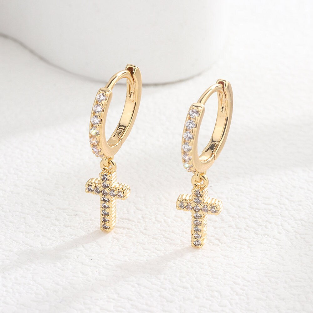 Gold Filled Cross Earrings Dangle Handcrafted Hoop Huggie Christmas Earrings  Women Homemade Gift for Her Girlfriend WATERPROOF Jesus Jewelry