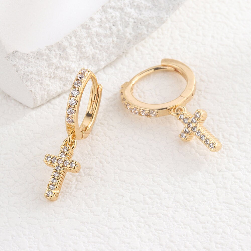 18k Gold Dainty Cross Hoops,Minimalist Cross Hoops,Cross Huggies, Small Hoop Earrings,Tiny Cross Hoop Earrings,Pave Huggies,Gift for Her