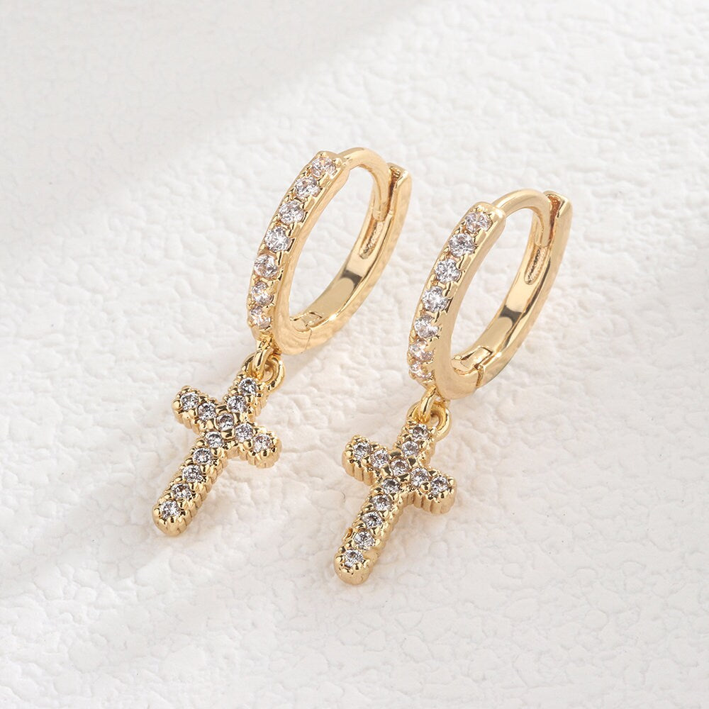 Gold cross earring for men - Huggie single hoop – All-For-Men