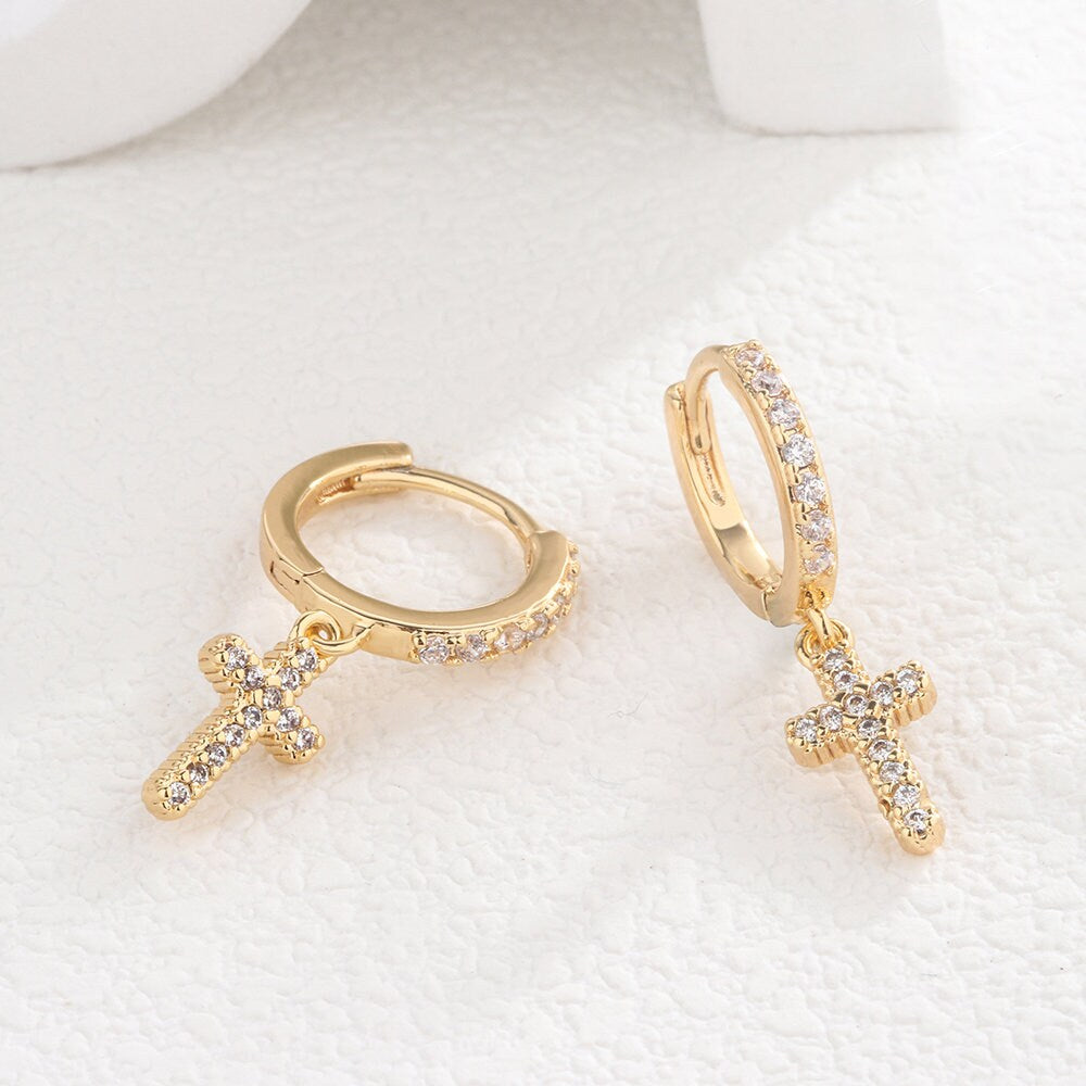 18k Gold Dainty Cross Hoops,Minimalist Cross Hoops,Cross Huggies, Small Hoop Earrings,Tiny Cross Hoop Earrings,Pave Huggies,Gift for Her