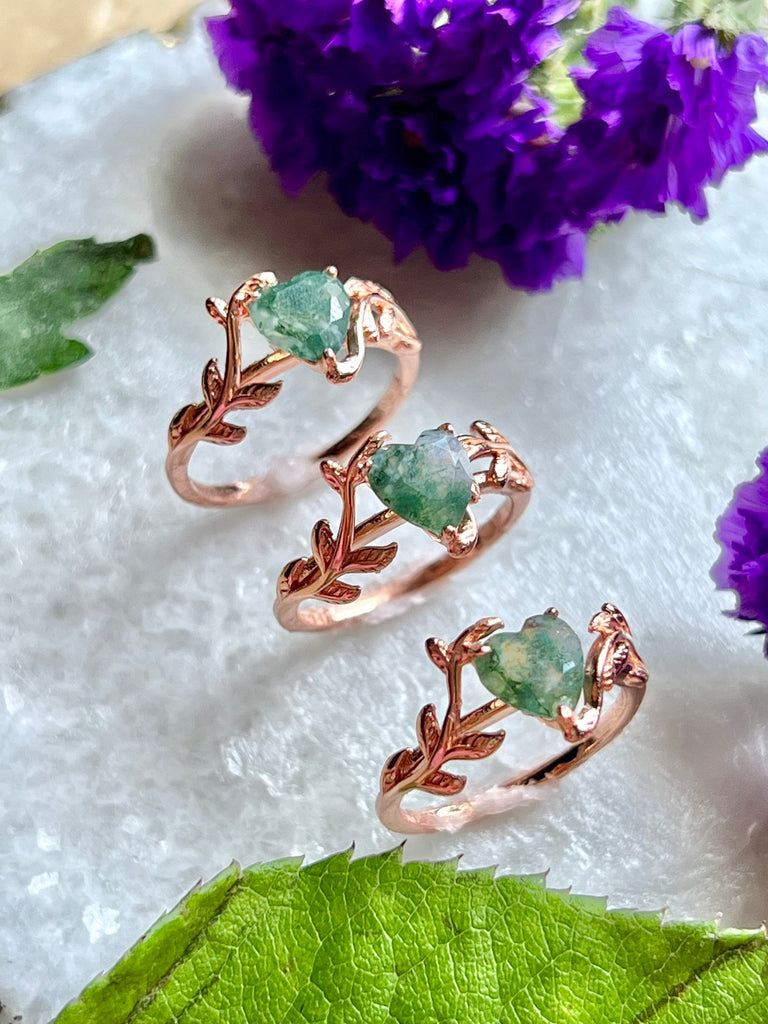 Green Moss Agate Ring,Heart Shaped Twig Ring,Promise Ring,Engagement Ring,Statement Ring,Leaf Ring,Nature Inspired,Gift for Her