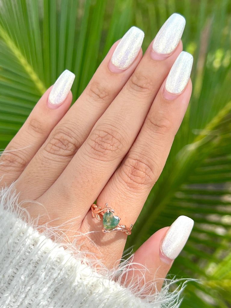 Green Moss Agate Ring,Heart Shaped Twig Ring,Promise Ring,Engagement Ring,Statement Ring,Leaf Ring,Nature Inspired,Gift for Her