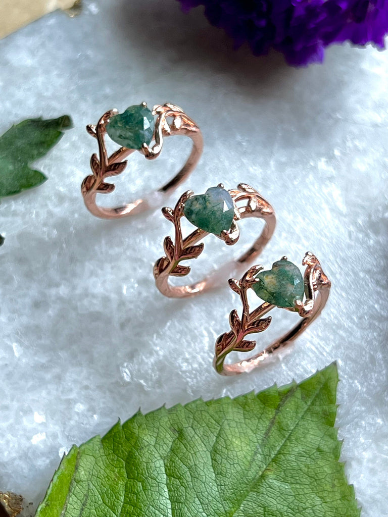 Green Moss Agate Ring,Heart Shaped Twig Ring,Promise Ring,Engagement Ring,Statement Ring,Leaf Ring,Nature Inspired,Gift for Her