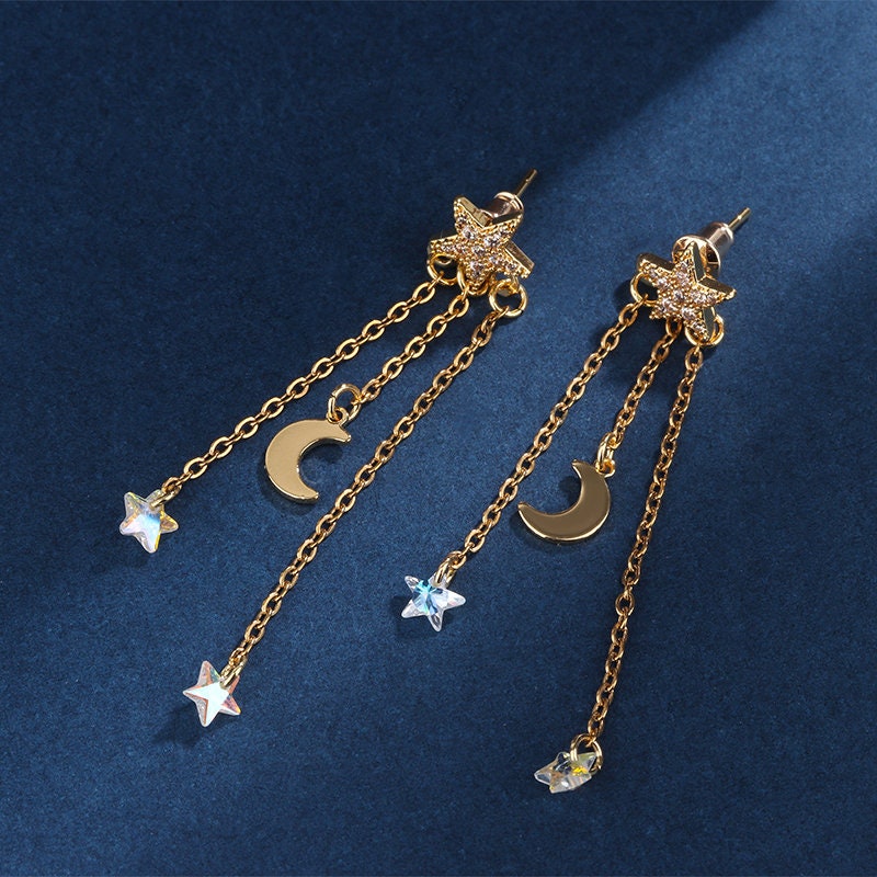 Star and Moon Tassel Earrings,Celestial Earrings,Gold and Silver Star Earrings,Moon and Star Drop Earrings,Sailor Moon Earrings,Gift for Her