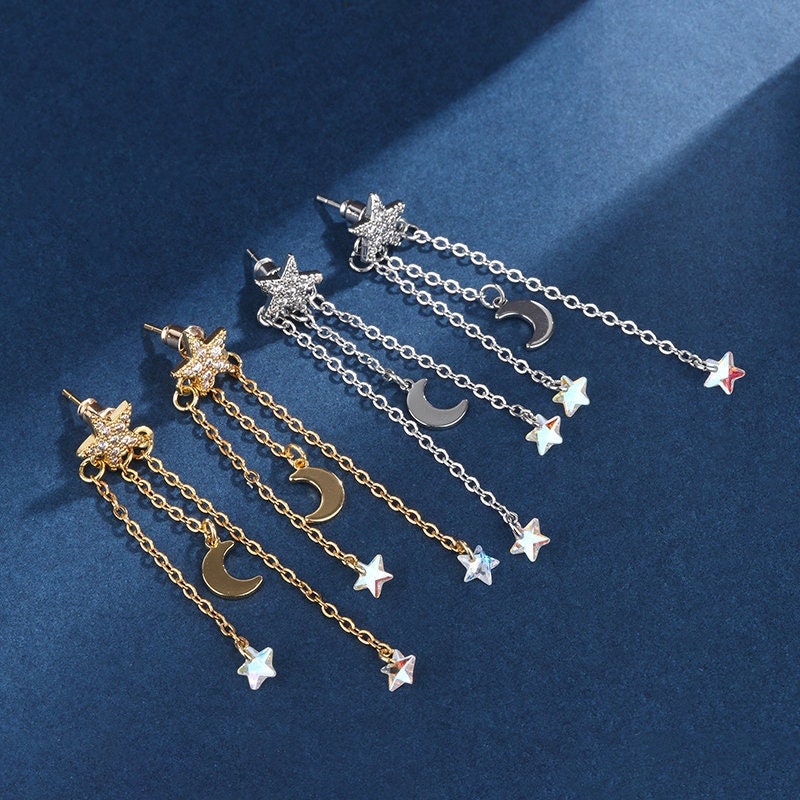 Star and Moon Tassel Earrings,Celestial Earrings,Gold and Silver Star Earrings,Moon and Star Drop Earrings,Sailor Moon Earrings,Gift for Her
