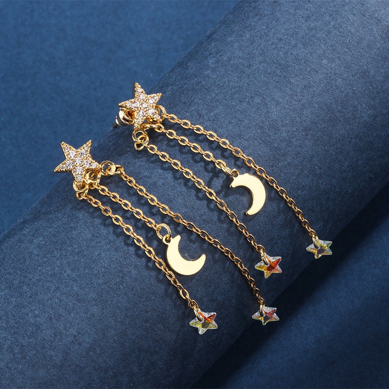 Star and Moon Tassel Earrings,Celestial Earrings,Gold and Silver Star Earrings,Moon and Star Drop Earrings,Sailor Moon Earrings,Gift for Her