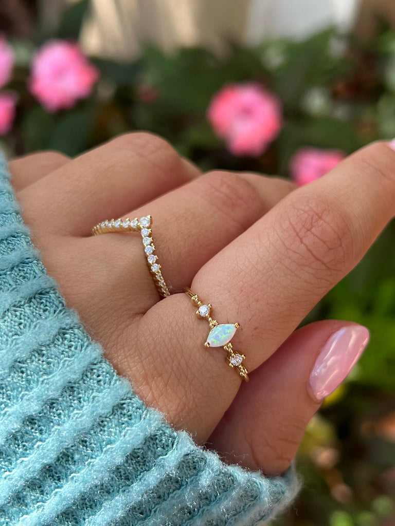 Dainty Marquise Opal Ring, Opal Stacking Ring, White Opal and CZ Ring, Gold Opal Ring, Sterling Silver Opal Ring, Promise Ring,Gift