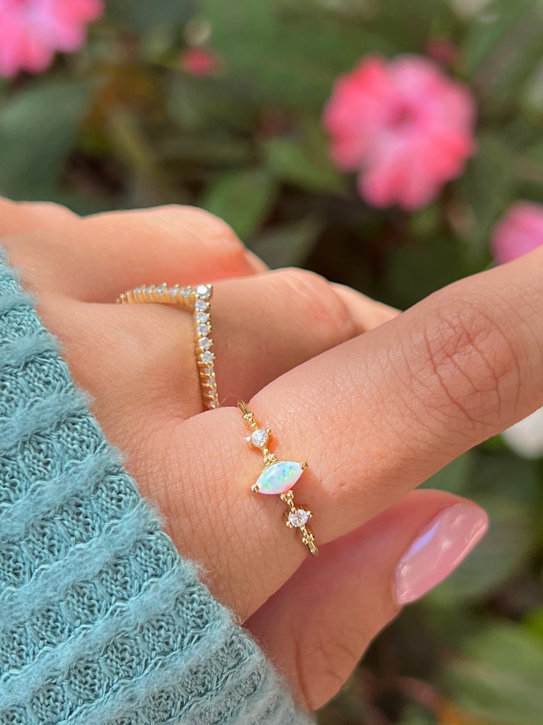 Dainty Marquise Opal Ring, Opal Stacking Ring, White Opal and CZ Ring, Gold Opal Ring, Sterling Silver Opal Ring, Promise Ring,Gift