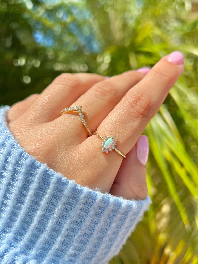Dainty Opal Ring, Opal Stacking Ring, White Opal and CZ Ring, Gold Opal Ring, Sterling Silver Opal Ring, Delicate Opal Ring, Thin Ring,Gift