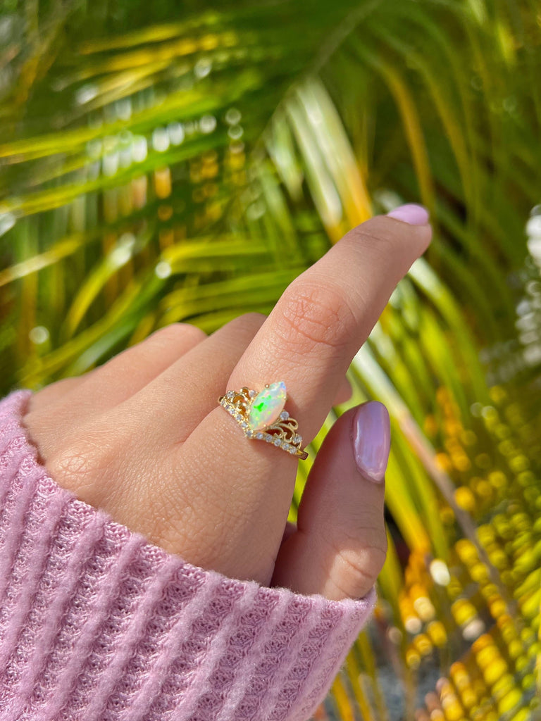 Vintage Marquise Natural Opal Ring,14k Yellow Gold Vermeil,Australian Opal Ring, Engagement Ring,Promise Ring, October Birthstone,Gift