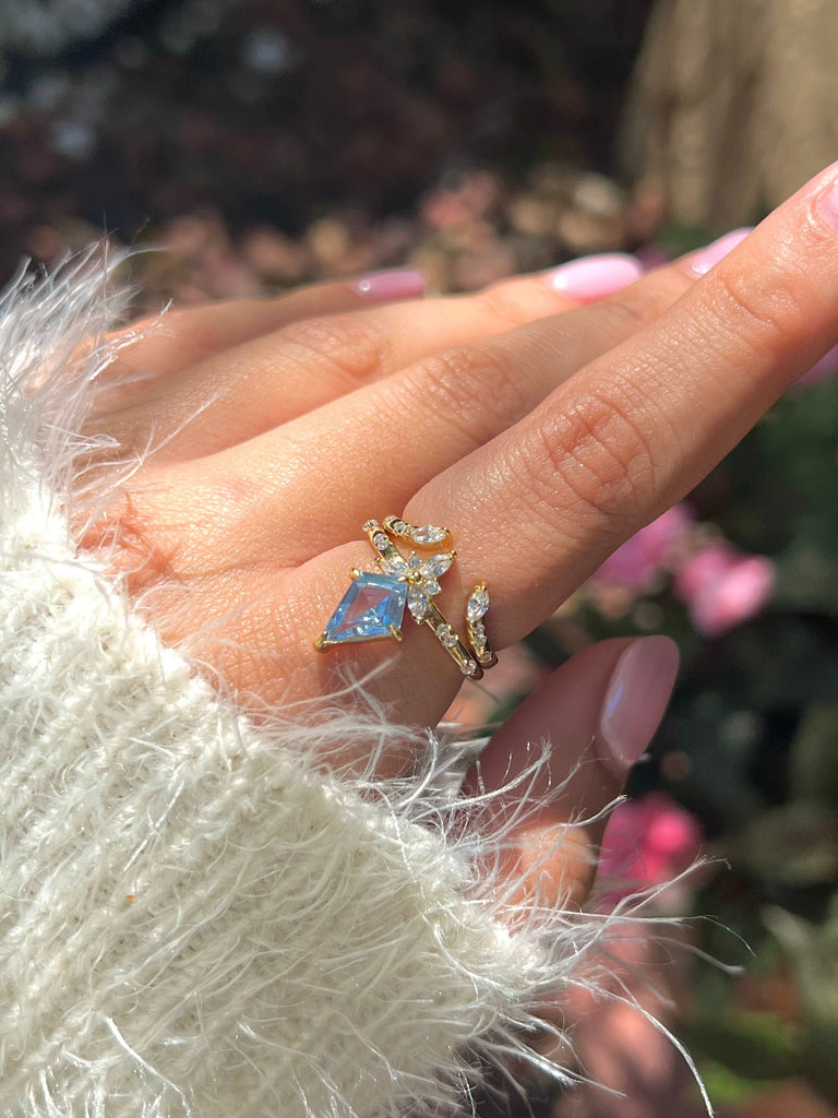 Kite Cut Aquamarine Ring Set,14k Gold Vermeil Ring,March Birthstone,Aquamarine Engagement Ring,Promise Ring,Anniversary Gift For Her