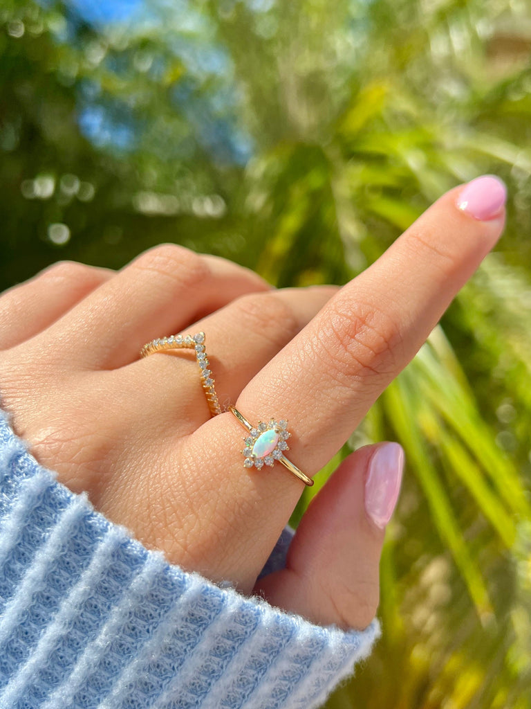 Dainty Opal Ring, Opal Stacking Ring, White Opal and CZ Ring, Gold Opal Ring, Sterling Silver Opal Ring, Delicate Opal Ring, Thin Ring,Gift