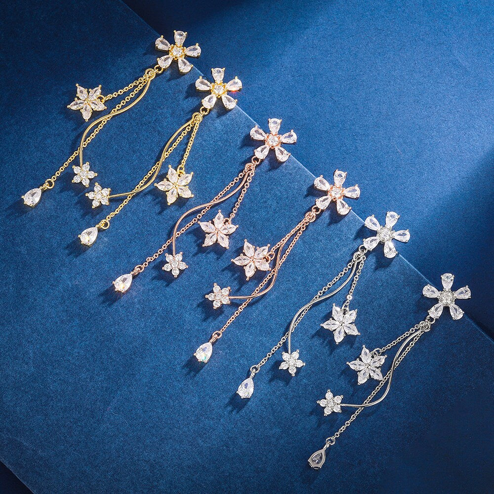 Floral Dangle Earrings,Sakura Earrings,Flower Earrings,Botanical Earrings,Zircon Earrings,Statement Earrings,Bridesmaid Gift