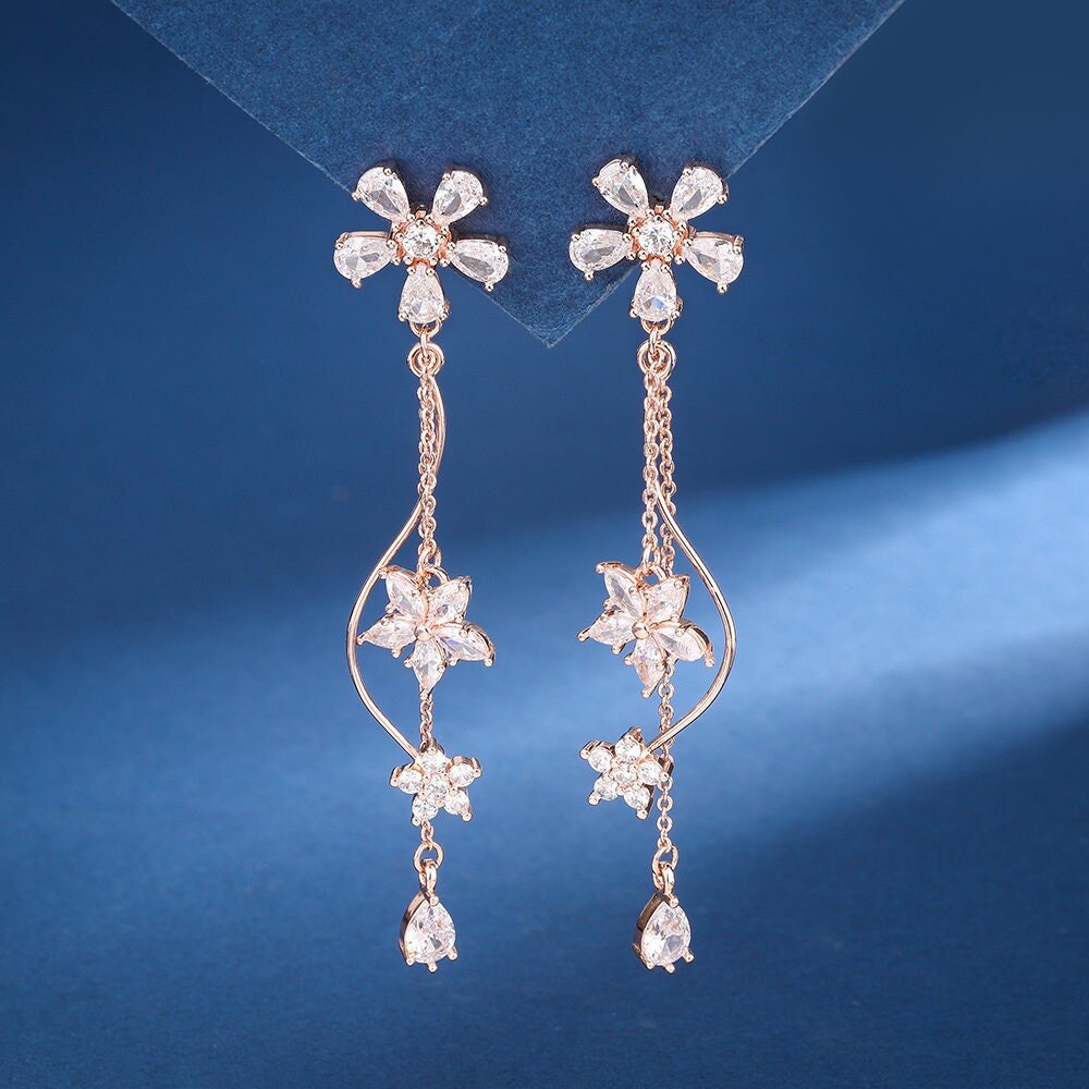 Floral Dangle Earrings,Sakura Earrings,Flower Earrings,Botanical Earrings,Zircon Earrings,Statement Earrings,Bridesmaid Gift