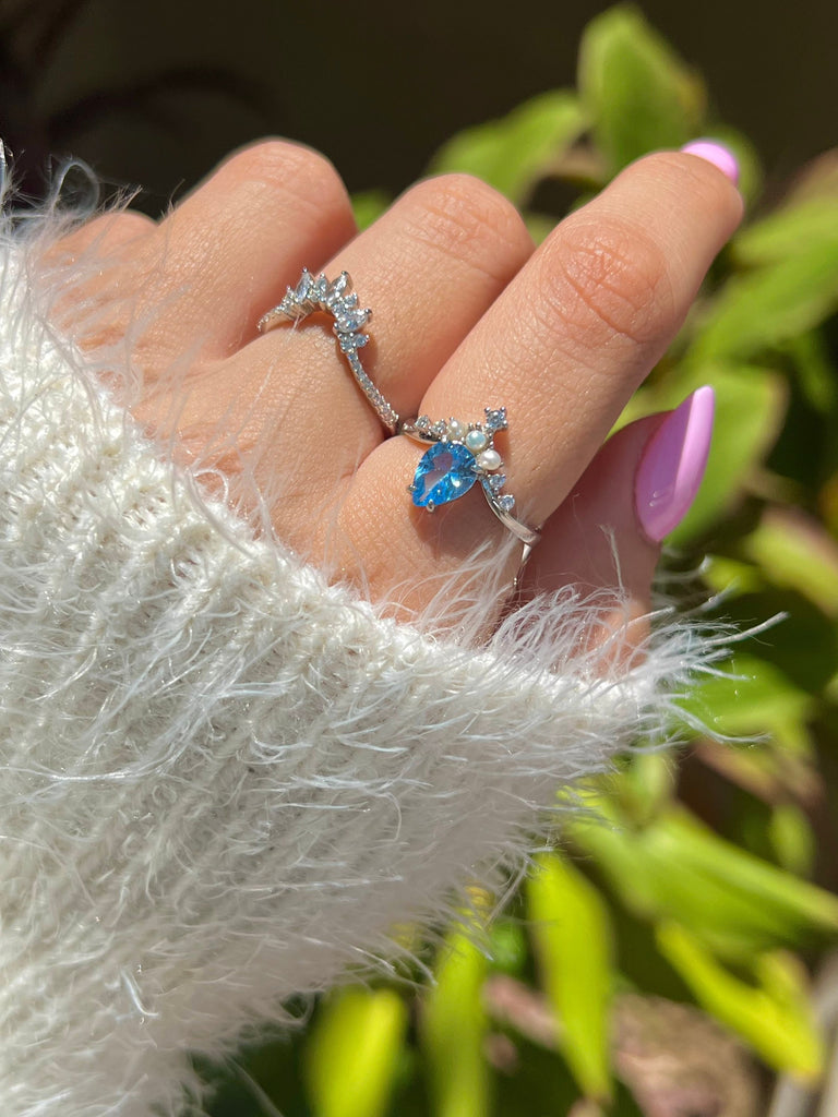 Aquamarine Ring,Statement Ring,Promise Ring,Engagement Ring,Anniversary Ring,Crown Ring,Pearl Ring,Gift for Her,March Birthstone