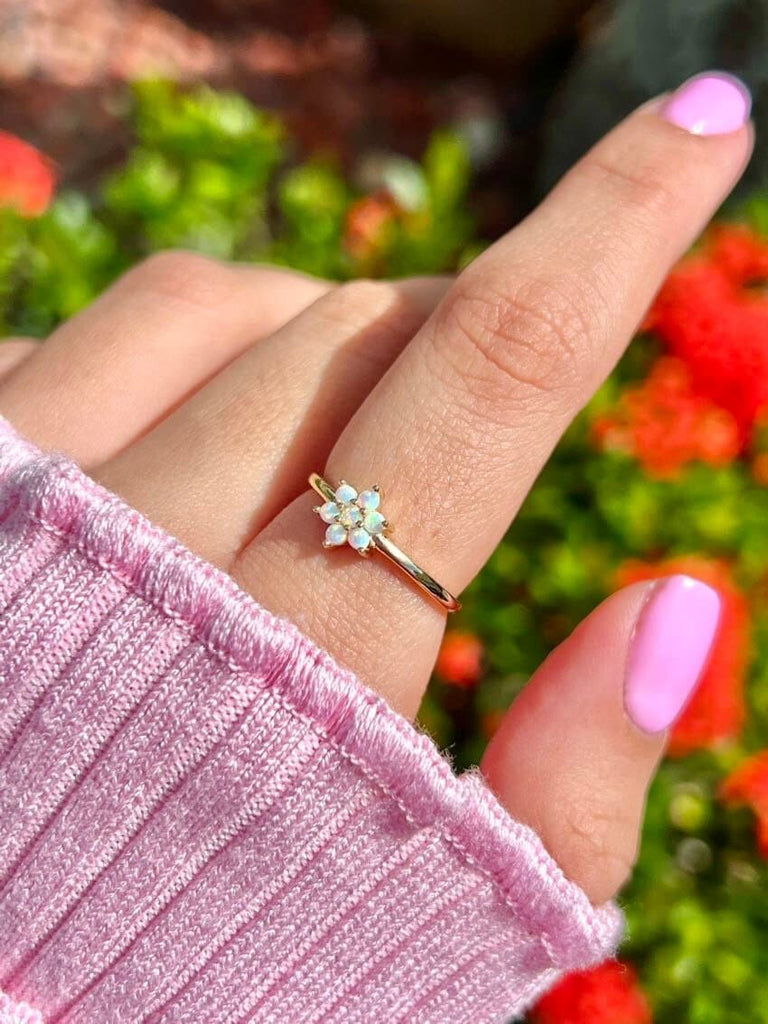 Dainty Floral Opal Ring,Stacking Ring, White Opal and CZ Ring, Promise Ring,Bridesmaid Jewelry