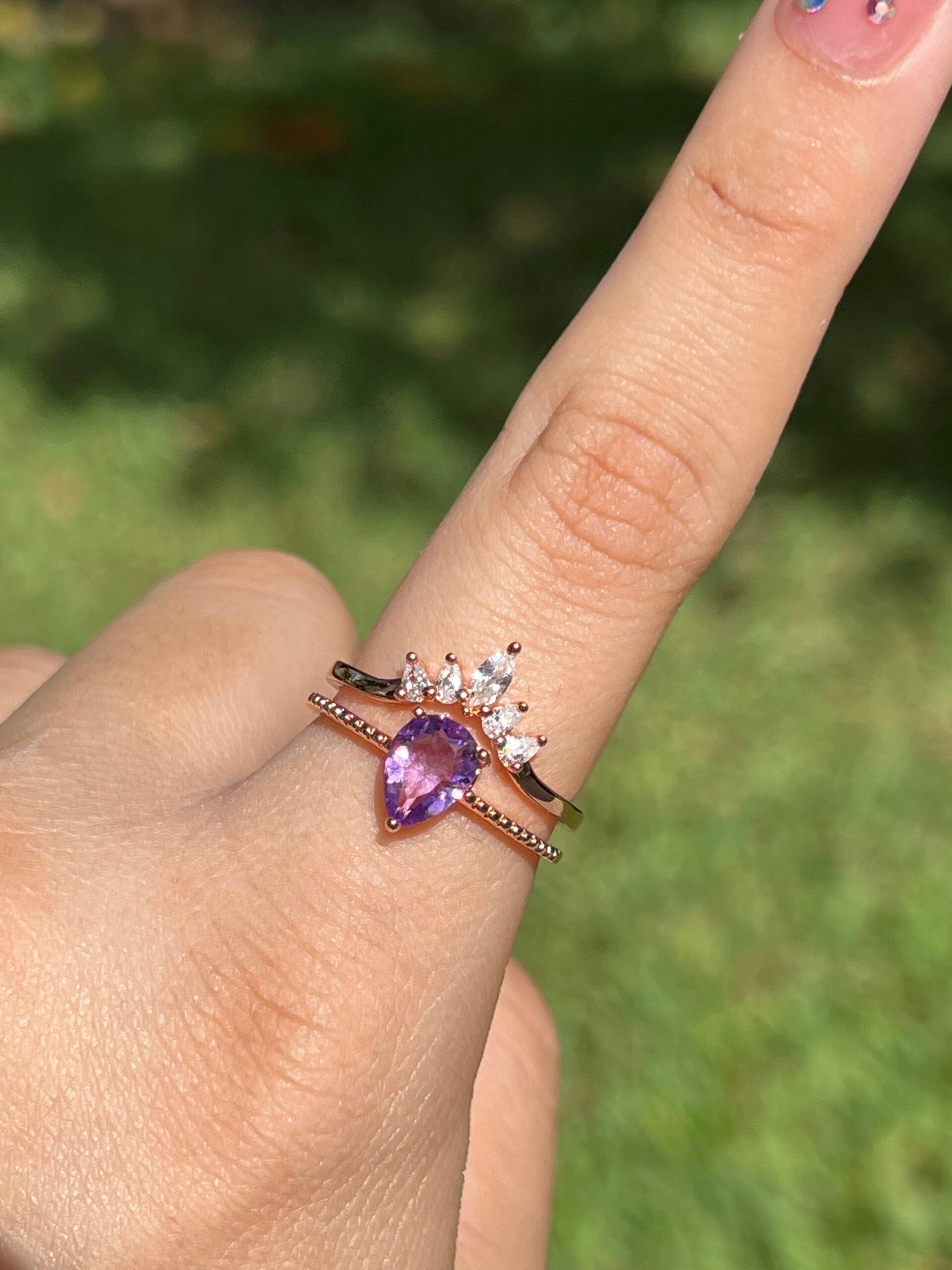 Amethyst Ring Set,Statement Ring,Promise Ring,Tiara Ring, Princess Ring,Stacking Ring,Crown Ring,February Birthstone,Gift for Her - Image 2